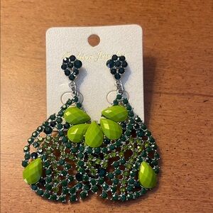 Green Statement rhinestone and stone dangle Earrings